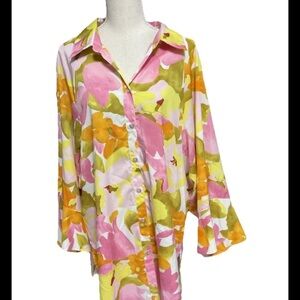 Gigio Plus oversized Floral Button-Up Blouse - Pink, Yellow, Orange Size 2X